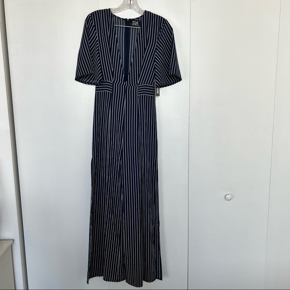 PARALLEL LINES Pin Stripe Plunge Front Short Sleeve Jumpsuit with Side Slits - Picture 9 of 10